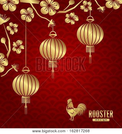 Happy Oriental Card for Chinese New Year 2017, Lanterns, Sakura Blossom Flowers and Golden Rooster - Vector