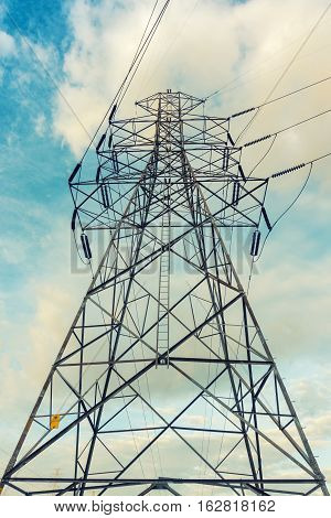 High voltage towers on skies background Transmission line tower.