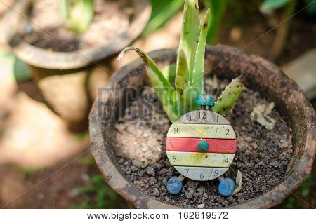 wooden alarm clock in the pot with the plant