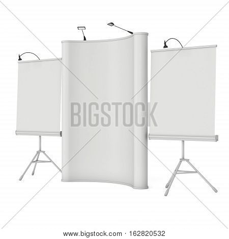 Blank Roll and Pop Up Expo Banner Stand Group. Trade show booth white and blank. 3d render illustration isolated on white background. Template mockup for your expo design.