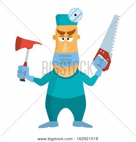 Surgeon doctor using mask axe and saw. Vector illustration isolated on white