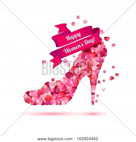 Happy woman's day! 8 March holiday. High heels shoe. Pink rose petals