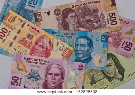 Different Mexican Money Background.