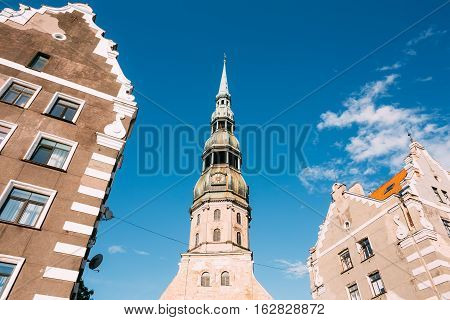 Riga, Latvia. Bottom View Of The Fleche With Clock Of St. Peter Church, High Ancient Tower, Famous Landmark Between Two Old Buildings, Blue Sky With Whte Clouds Background.