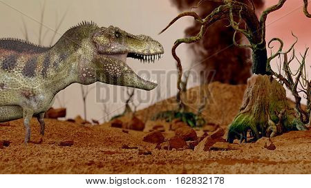 Dinosaur. Prehistoric Jungle, landscape, valley with Dinosaurs. 3d render