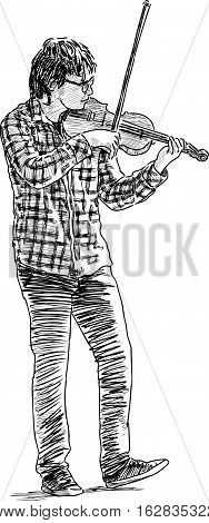 Vector drawing of an young street violinist.