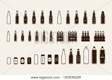 Beer package icon set: bottle can box. Vector