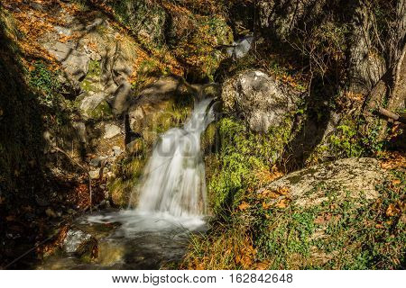 Scenic Mountain Autumn Landscape With River And   Watergfalls, Peloponnese, Greece