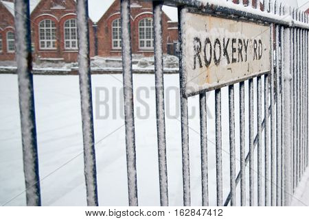 Snowy Street and fence in Birmingam Rookery Road