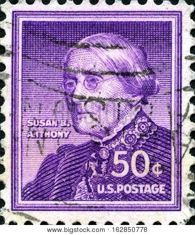 UNITED STATES OF AMERICA - CIRCA 1955: A used postage stamp from the USA depicting a portrait of Susan B. Anthony - a fighter for womens rights circa 1955.