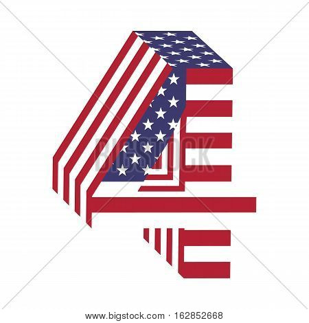 Number 4 letter from 3d with American flag texture wrapped. Volume USA vector font