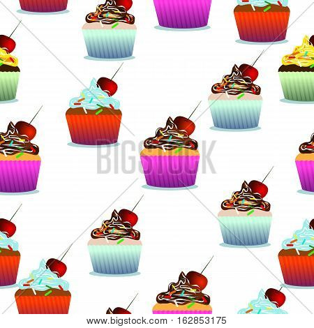 Vector seamless pattern. Pastry cute cupcakes lollipops. White background. Can use them for your design in prints card making blogs website  or even for printing on fabrics.