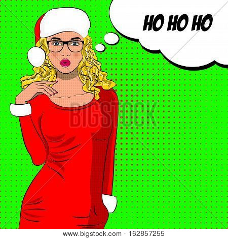 Pop art cute fashion mrs claus in christmas dress with glasses. Bubble sign with Ho ho ho.