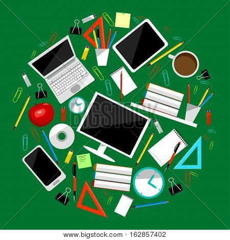Office supllies colored vector. Stationery tools collection. Clip, laptop, mug, book and tablet etc