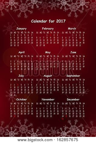 Calendar for 2017 on Red Background with showflakes. Week Starts Sunday. US holidays. Simple Vector Template.