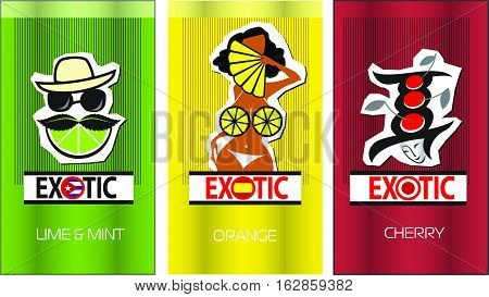 Vector illustration fruit flavors of Cuba Spain and Japan. Lime with mint cherry and orange. Cartoon characters personify the tastes.