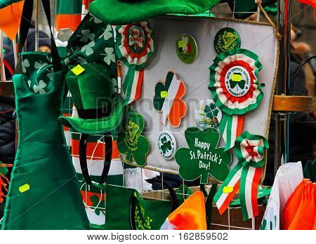 Moscow Russia - March 19 2016: Trade shop with St. Patrick's Day symbols in the park Sokolniki in Moscow