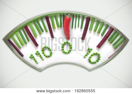 Bathroom weighing scales made of vegetables including chives betroot and pepper