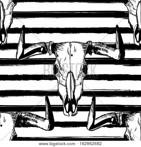 Vector Seamless Striped Pattern With Hand Drawn Buffalo Skulls. Tribal Grunge Ornament.