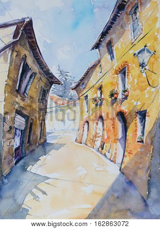 Original watercolor painting of Italian street in Tuscan village San Gusme,Italy