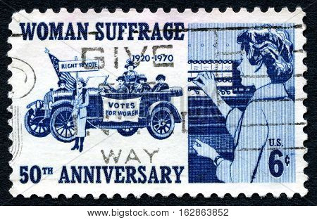 UNITED STATES OF AMERICA - CIRCA 1970: A used postage stamp from the USA celebrating the 50th Anniversary of Woman Suffrage and gaining the right to vote circa 1970.