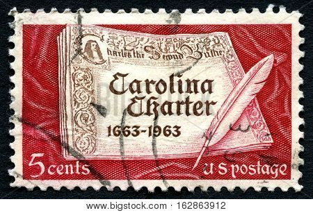UNITED STATES OF AMERICA - CIRCA 1963: A postage stamp from the USA commemorating the 300th Anniversary of the Carolina Charter issued by Charles II circa 1963.