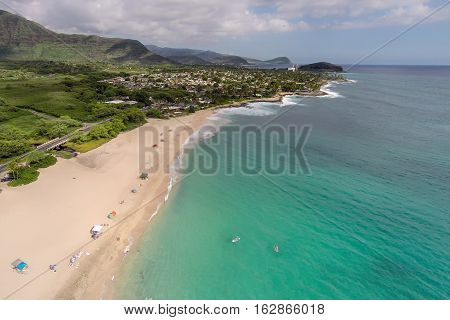 Aerial view of Makaha Beach, original surfing beach, on northwest shore of Oahu, Hawaii