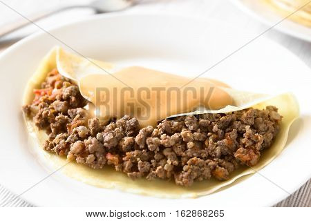 Hungarian Hortobagyi Palacsinta or Crepe a la Hortobagy a savory thin pancake filled with minced meat and served with a paprika and sour cream sauce based on the sauce of the meat photographed with natural light (Selective Focus Focus in the middle of the