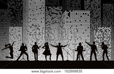 Band Show On Night City Background At Grey Style. Festival Concept. Set Of Silhouettes Of Musicians,