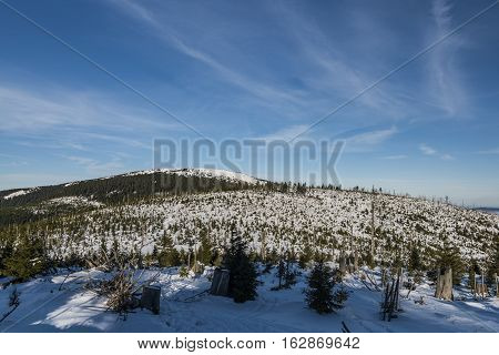 Sunny Day In Jeseniky Mountains Near Kralicky Sneznik Hill With Snow