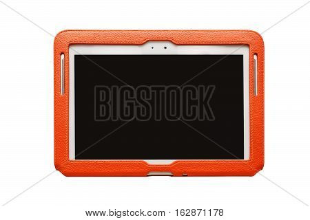 The tablet in the orange case. Isolated white background.