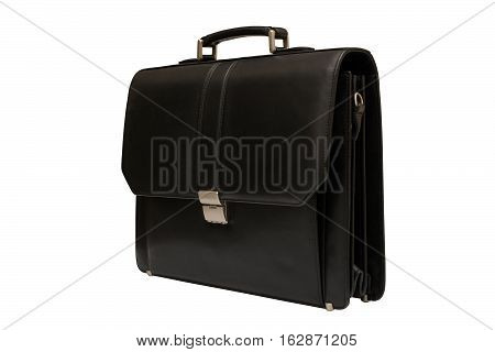 Black leather briefcase. Isolated white background. Bag for carrying papers.