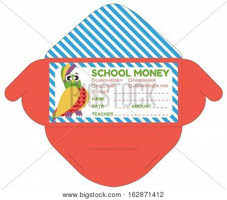Personalized school money envelop with teacher notes.Funny exotic bird.Vector template packet