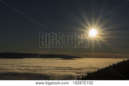 Sunrise In Jeseniky Mountains In Christmas Time Near Kralicky Sneznik Hill