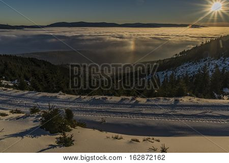 Sunrise In Jeseniky Mountains In Christmas Time Near Kralicky Sneznik Hill