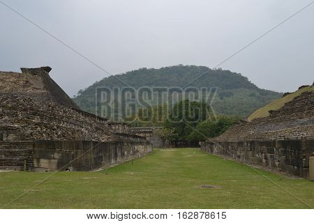 Ruins and ball court at the pre-Columbian archeological site El Tajin in Papantla, Veracruz, Mexico
