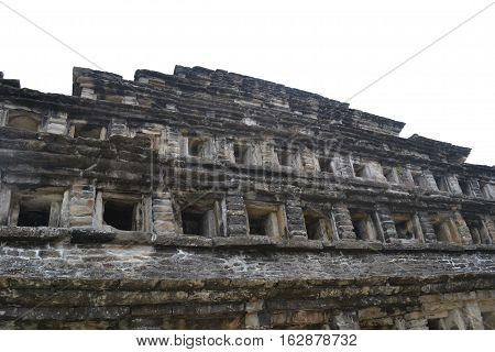 Pyramid of the Niches at the pre-columbian archeological site known as El Tajin located in Papantla, Veracruz, Mexico taken during a thunderstorm