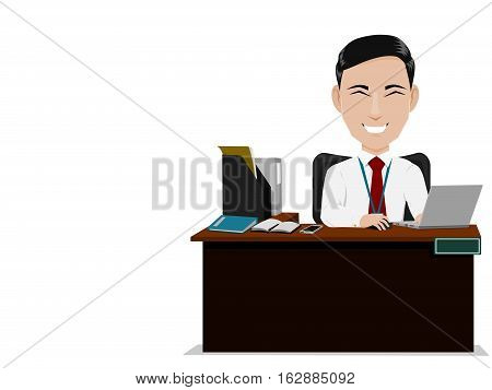 isolate happy salaryman is working on his desk. He's felling happy whith his work