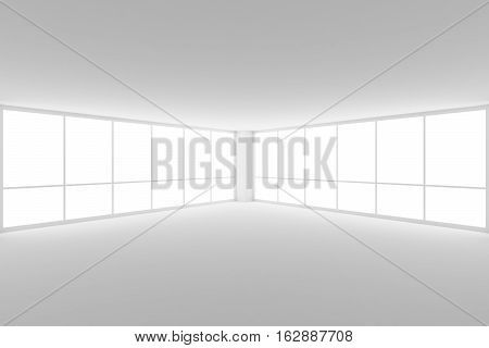 Business architecture white colorless office room interior - empty white business office room corner with white floor ceiling walls and two large windows and empty space 3d illustration