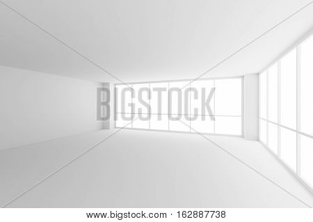 Business architecture white colorless office room interior - white empty business office room with white floor ceiling walls and two large windows and empty space 3d illustration.