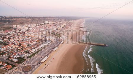 Panorama of Costa Caparica beach at evening