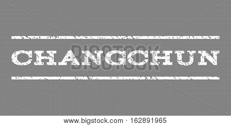 Changchun watermark stamp. Text caption between horizontal parallel lines with grunge design style. Rubber seal stamp with dirty texture. Vector white color ink imprint on a gray background.