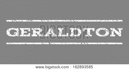 Geraldton watermark stamp. Text tag between horizontal parallel lines with grunge design style. Rubber seal stamp with unclean texture. Vector white color ink imprint on a gray background.