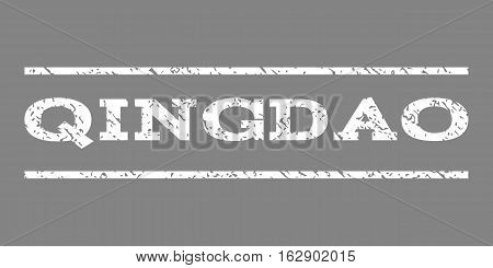 Qingdao watermark stamp. Text tag between horizontal parallel lines with grunge design style. Rubber seal stamp with scratched texture. Vector white color ink imprint on a gray background.
