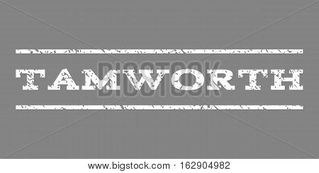 Tamworth watermark stamp. Text tag between horizontal parallel lines with grunge design style. Rubber seal stamp with dirty texture. Vector white color ink imprint on a gray background.