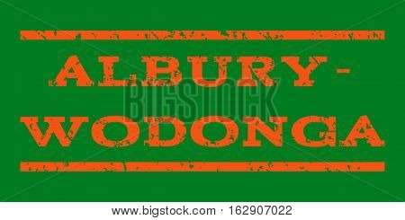 Albury-Wodonga watermark stamp. Text caption between horizontal parallel lines with grunge design style. Rubber seal stamp with dust texture. Vector orange color ink imprint on a green background.
