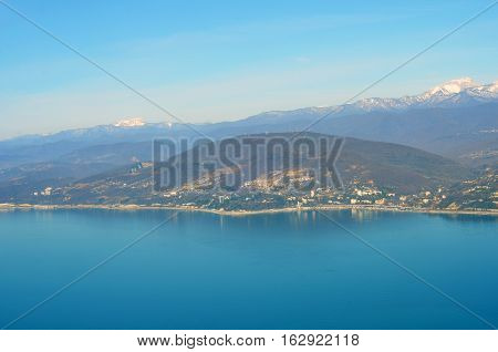 Aerial view of Sochi. Mountains Sky and Sea. Black Sea.