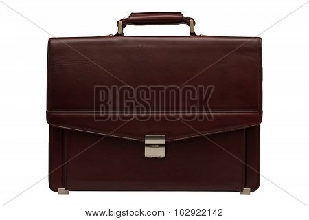 Brown leather briefcase. Isolated white background. Bag for carrying papers.