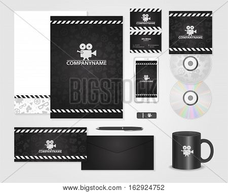 Black corporate identity template for producer. Cards for movie, film maker, producer. Vector company style for brandbook and guideline