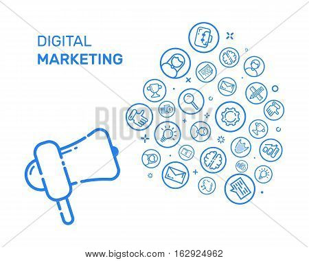 Vector illustration with blue icons and megaphone in flat line style. Design concept for digital marketing, social campaign, engaging, blogging Use in Web Project and Applications. Outline objects.